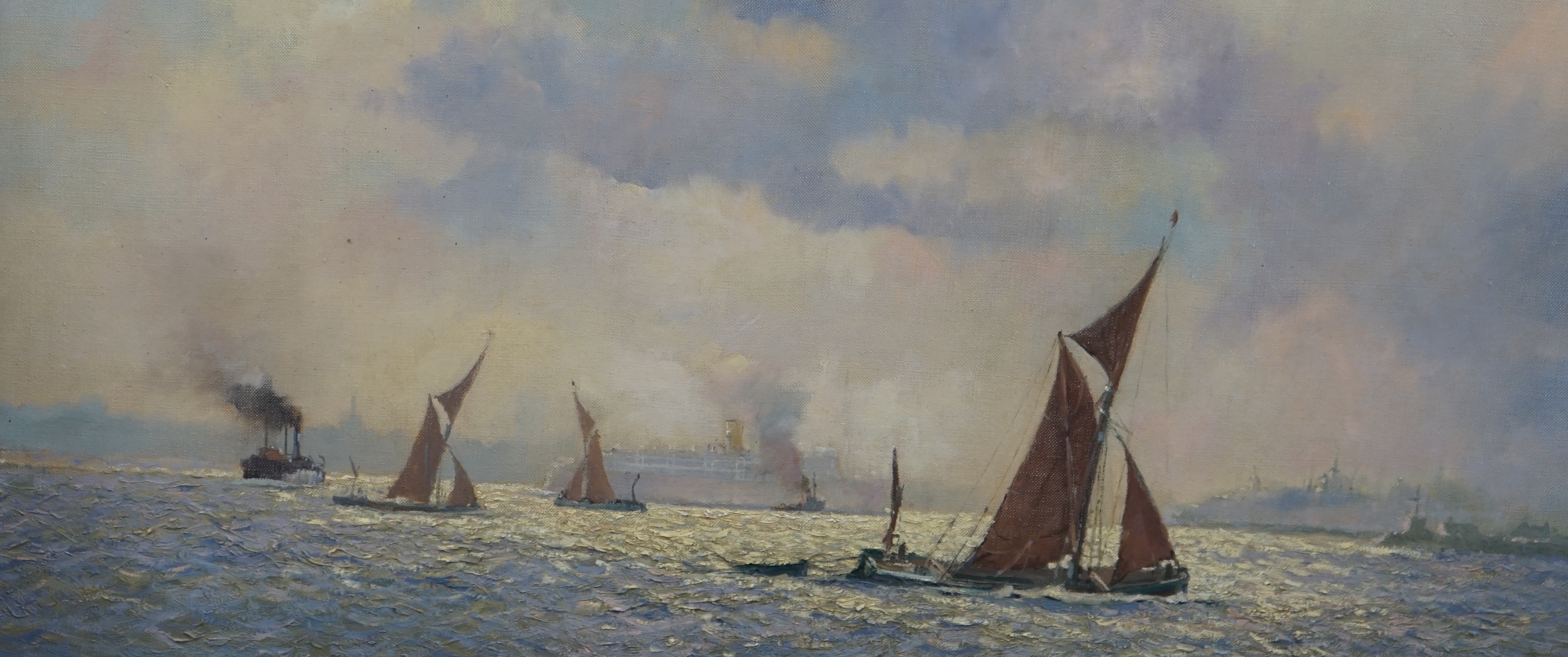 Victor William Ellis (1921-1984), oil on canvas, Estuary scene with boats, signed, 50 x 100cm. Condition - good